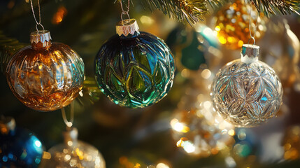 Vintage 70s handmade glass ornaments on christmas tree for festive holiday decor