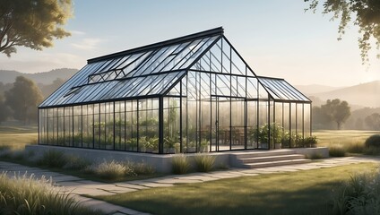 Obraz premium Glass greenhouse surrounded by lush greenery under clear blue sky
