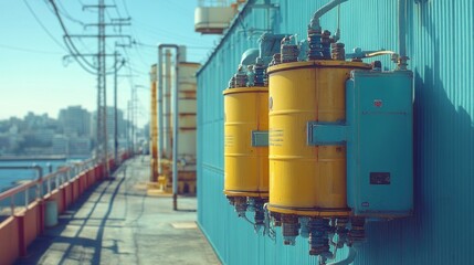 Yellow Industrial Cylinders Mounted on a Blue Wall