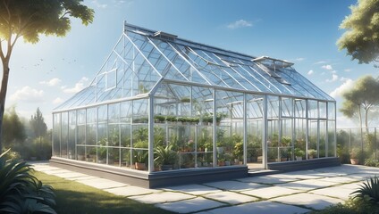 Obraz premium Glass greenhouse surrounded by lush greenery under clear blue sky