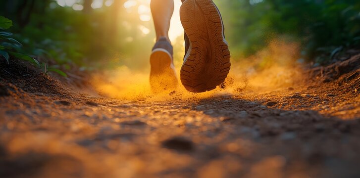A runner kicks up dust on a sunlit trail, emphasizing motion and nature.
