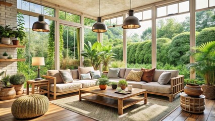 Sun-drenched living space with wooden furniture, plush cushions, and vibrant greenery, creating a serene oasis