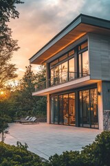Fototapeta premium House with Deck and Patio at Sunset