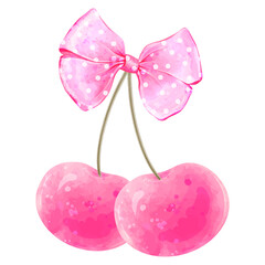 Fototapeta premium Cute pink cherries with a polka dot bow. Vector watercolor illustration