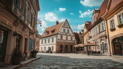 Fototapeta premium Charming european town square with historical architecture for travel poster design