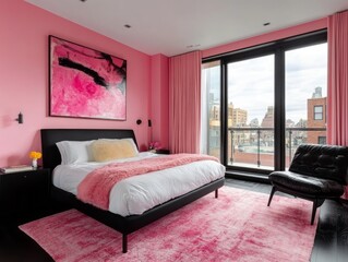 Pink walls paired with black furniture and abstract art create a bold, modern bedroom design
