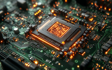 Obraz premium High-Performance GPU Chip: Intricate Circuitry on Green Motherboard