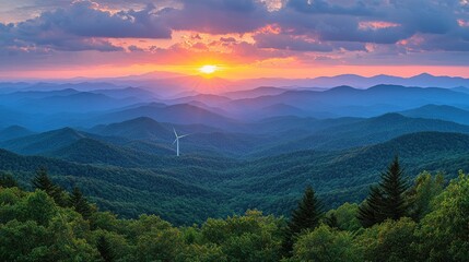 Fototapeta premium Wind Turbine in a Mountain Range at Sunset