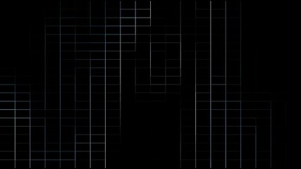 A dynamic background made of straight lines and squares pulsating on a dark background. Video art graphics.