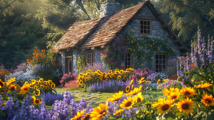 A quaint stone cottage surrounded by a riot of blooming flowers, including bright sunflowers, 