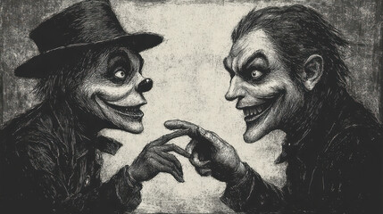 Dark engraving of puppeteer and puppet interaction with eerie characters in a grinning face-off