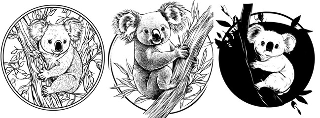 Koala on tree, black sketch, isolated on white
