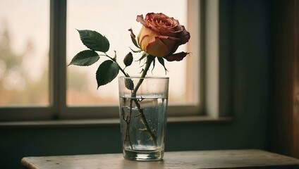 Fading rose in a glass vase on a table with soft natural light