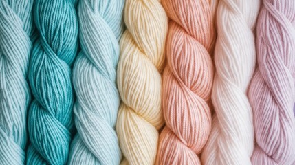 A collection of vibrant yarn skeins in a range of pastel colors, perfect for crafting and knitting projects, offering inspiration with their bright and lively tones.