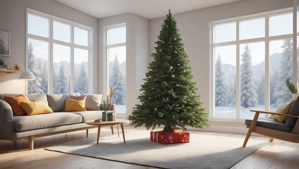 Bright Christmas tree decorated with colorful ornaments and gifts in a cozy room
