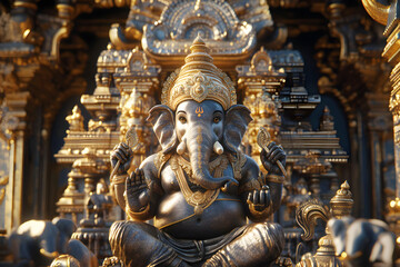 Fototapeta premium A majestic statue of Lord Ganesha, adorned with a golden crown and jewelry, sits in a richly detailed temple setting.