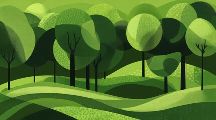 Abstract illustration of a lush green landscape with stylized trees.