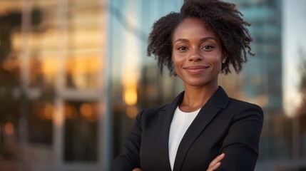 A professional woman in a business suit smiles confidently, standing against an urban glass backdrop, embodying success and modern corporate life.