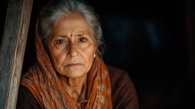 An elderly woman with silver hair and a peaceful demeanor, adorned in traditional attire, looks contemplatively forward, evoking a sense of wisdom and calm.