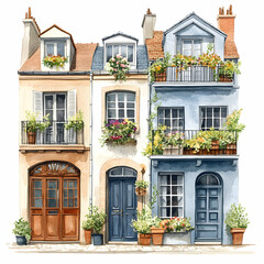 Fototapeta premium Charming Watercolor Illustration of Three European Homes Surrounded by Lush Greenery and Serene Atmosphere
