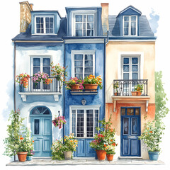 Naklejka premium Charming Watercolor Illustration of Three European Homes in a Serene Village Setting