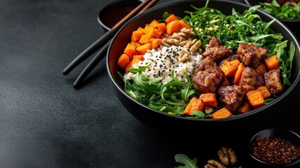 A colorful vegan bowl with roasted sweet potatoes, tempeh, rice, arugula, and walnuts, garnished with sesame seeds, arranged beautifully for a nutritious meal.