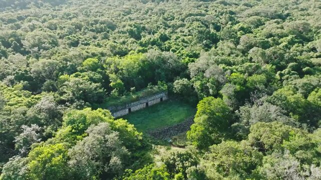 Aerial view of lush maya ruins surrounded by dense tropical forest, Labna, Yucatan, Mexico.