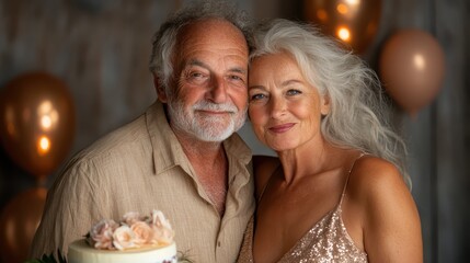An elderly couple joyfully celebrates with a cake and balloons, their expressions radiating love and happiness, capturing a precious moment of togetherness.