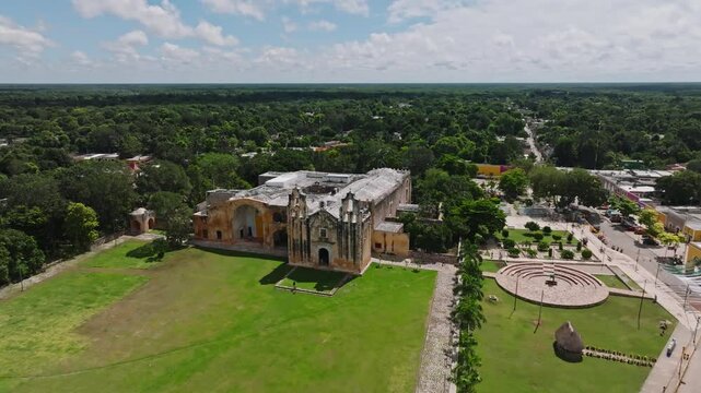 Aerial view of the beautiful convent of San Miguel and church surrounded by greenery and trees, Mani, Mexico.