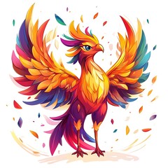 Obraz premium Cartoon phoenix rising with colorful flames and a confident expression on a white background.