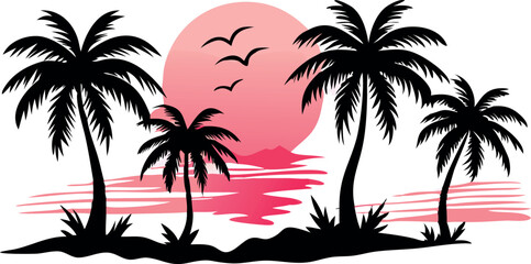 Fototapeta premium Silhouettes of Palm Trees and Pink Sun Vector. Set of Palm Trees and Sunrise Vector Silhouette. 