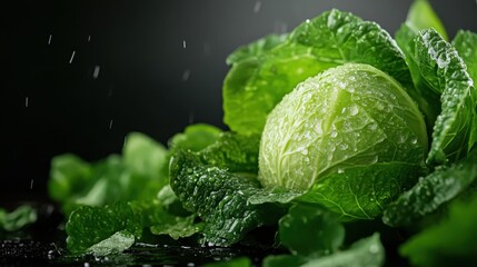 A central cabbage highlighted with dewdrops stands against a textured dark backdrop, surrounded by leafy greens, representing natural health and serenity.