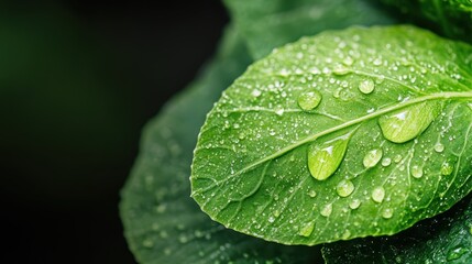 Fototapeta premium A detailed close-up of a cabbage leaf reveals intricate veins and dewdrops scattered across its vibrant green surface, illustrating freshness and natural simplicity.
