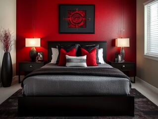 Red accent walls paired with dark wood furniture and soft gray bedding for a balanced and bold look