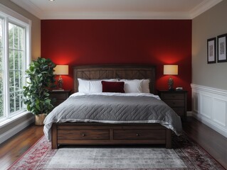 Red accent walls paired with dark wood furniture and soft gray bedding for a balanced and bold look