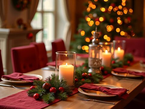 Elegant christmas dinner table with festive candles and seasonal decor.
