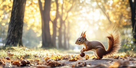Squirrel Collecting Acorns in a Serene Park with Tall Trees