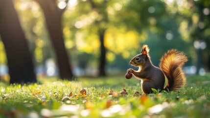 Squirrel Collecting Acorns in a Serene Park with Tall Trees