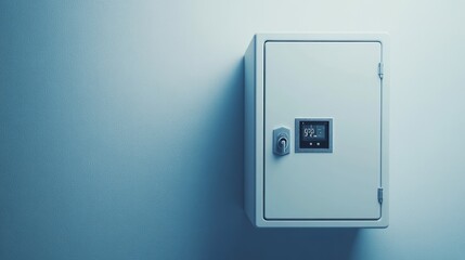 A modern safe with a digital lock displayed against a softly lit wall.