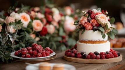 A stunning cake adorned with floral decorations and surrounded by berries on a rustic wooden table, encapsulating elegance and the charm of nature in dining.