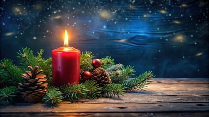 A glowing red candle nestled amidst evergreen boughs and pinecones, a festive tableau against a backdrop of a snowy winter night.