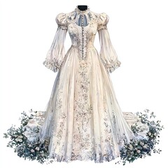 Obraz premium Elegant vintage white dress with floral embroidery on a white isolate background.