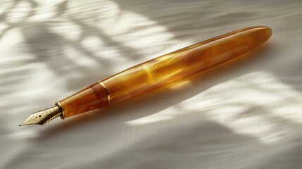 Naklejka premium A Gold-Trimmed Amber Fountain Pen Rests on White Fabric