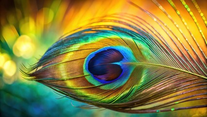 Obraz premium A Single Peacock Feather with Vibrant Colors and Intricate Details against a Soft Bokeh Background
