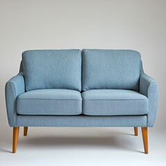Stylish blue sofa with wooden legs, perfect for modern living rooms.