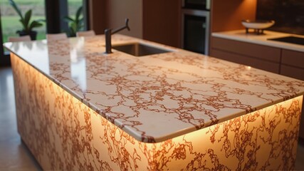 Luxurious kitchen island with elegant marble countertop and soft lighting, modern interior design