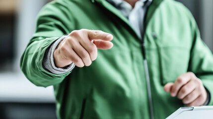Close-up of a person in a green jacket pointing with their finger, focusing on the hand gesture and the sleeve of the jacket