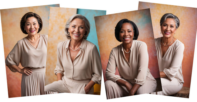 group of elegant confident women of various races in menopause age, multiracial and multiethnic women happy in mature age