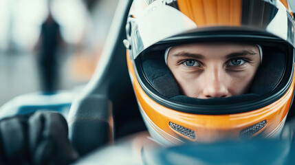 Close-up of a race car driver wearing an orange helmet and reflective visor inside a racing vehicle, showing focused eyes and intense expression before a race.