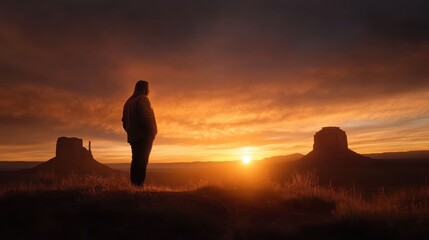A silhouette of a person stands before a stunning canyon sunset, with the sky painted in vibrant oranges and reds, portraying solitude and reflection in nature's beauty.
